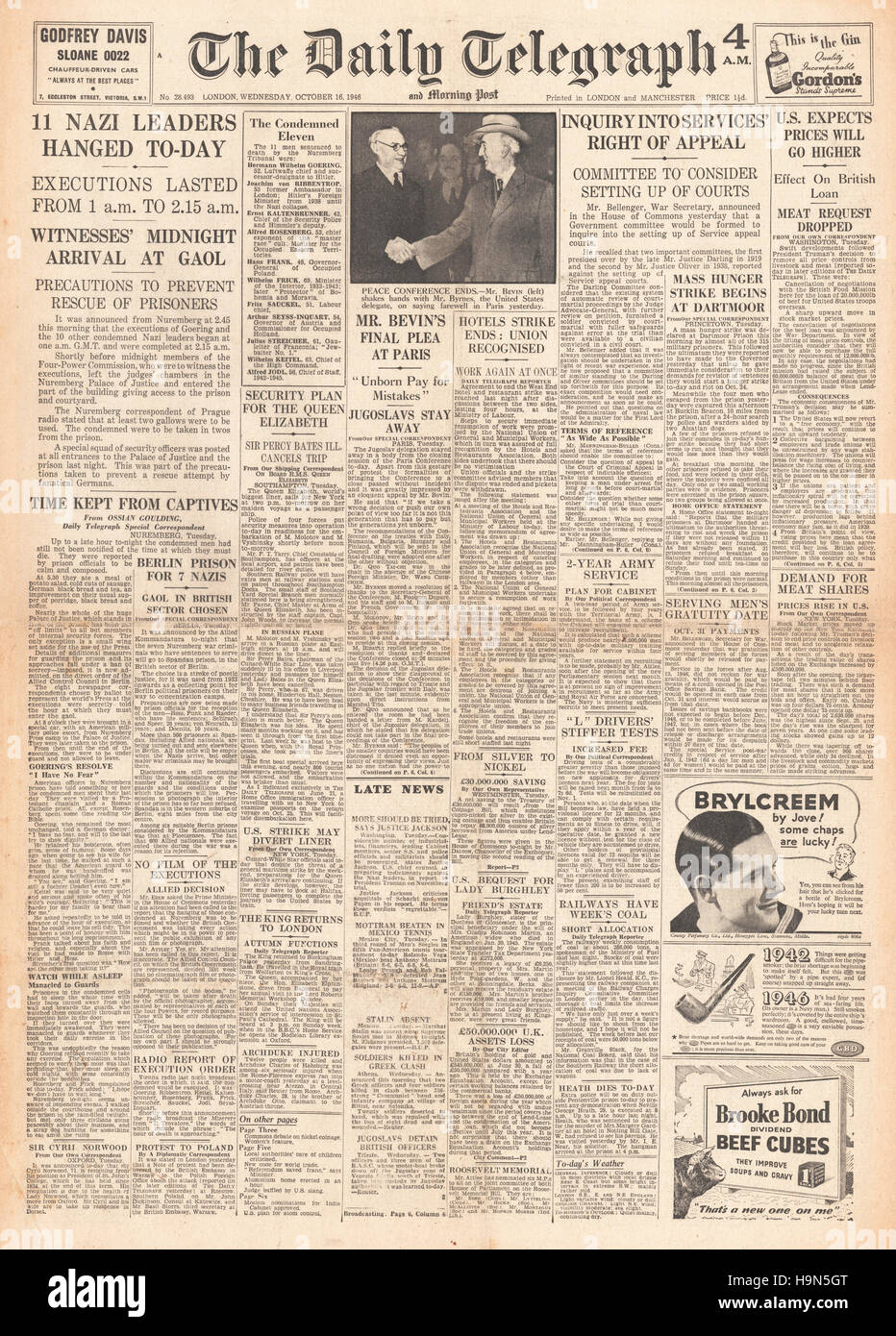 1946 daily Telegraph Titelseite Nazi-Führer zum Tode verurteilt Stockfoto