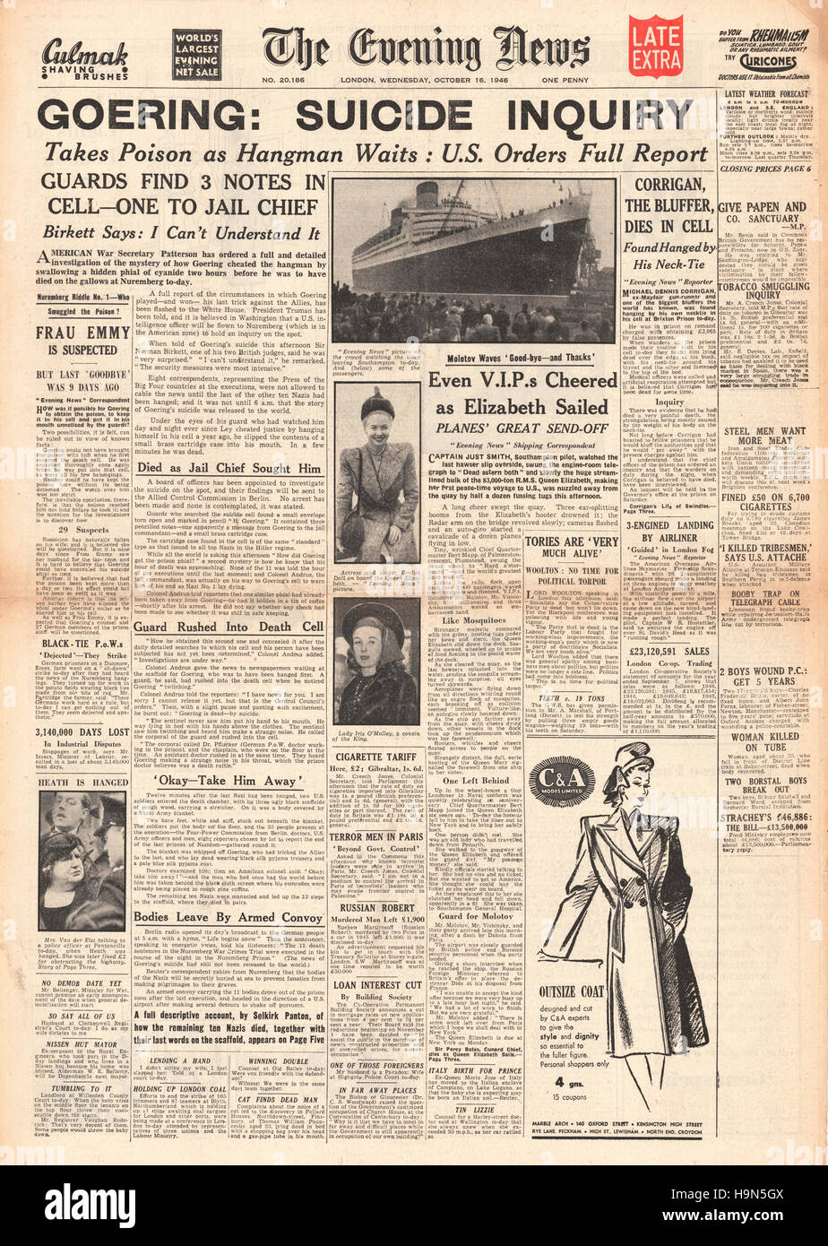 1946-Abend-Nachrichten (London) Titelseite 2. Auflage Herman Göring begeht Selbstmord Stockfoto