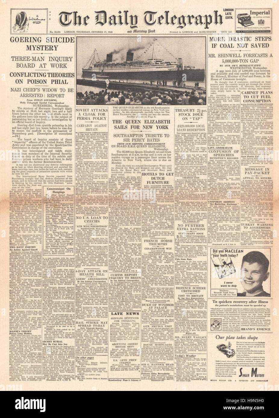 1946 daily Telegraph Titelseite Herman Göring begeht Selbstmord Stockfoto