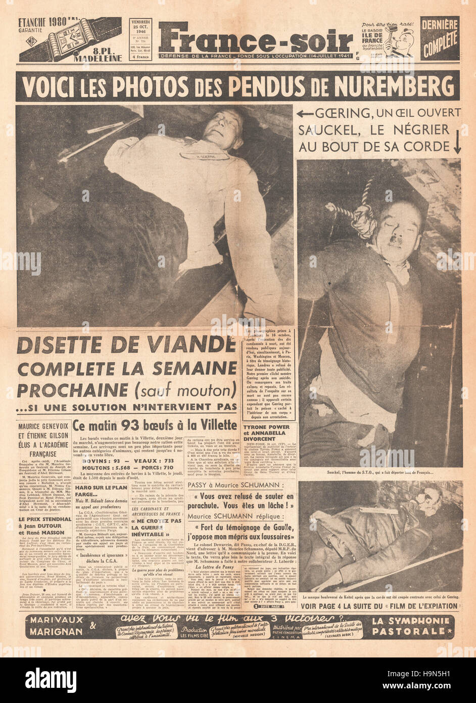 1946 France Soir Startseite Einrichtungen von Göring, Sauckel & Keitel Stockfoto