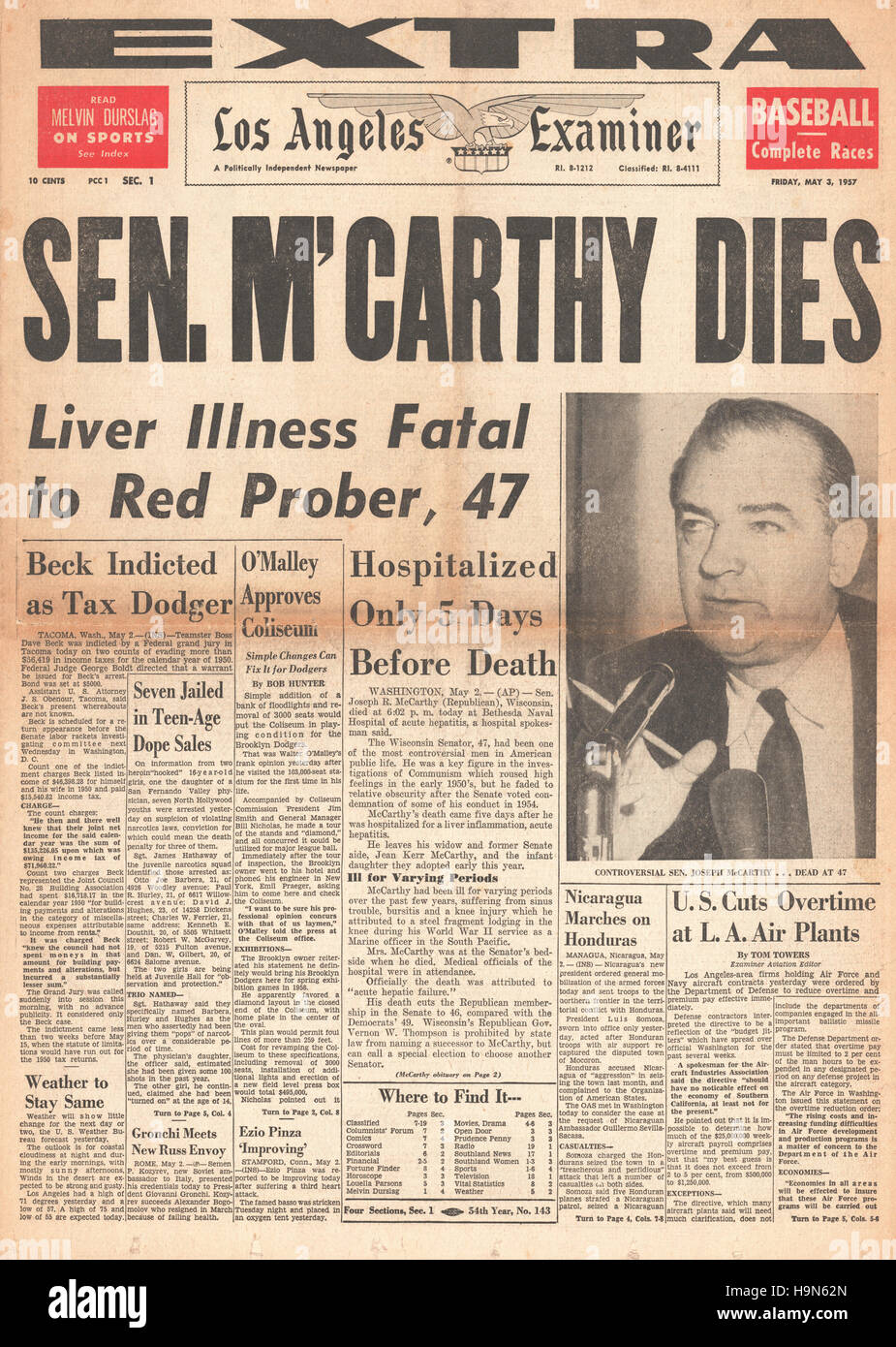 1957 Los Angeles Examiner Titelseite Tod von US-Senator Joseph McCarthy Stockfoto