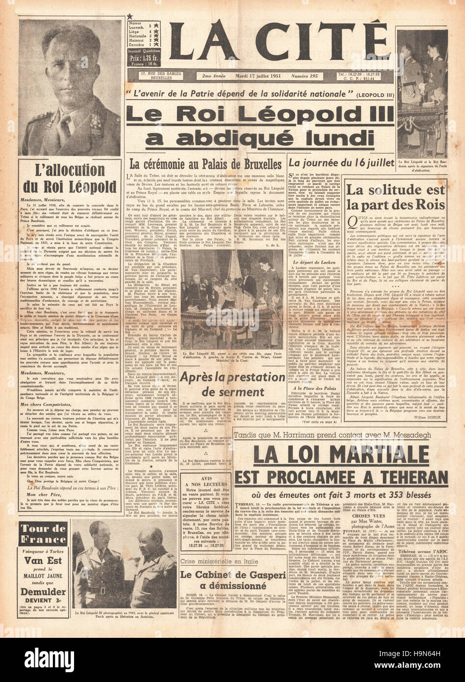 1951 la Cité (Belgien) Front Seite Abdankung von König Leopold III. Stockfoto