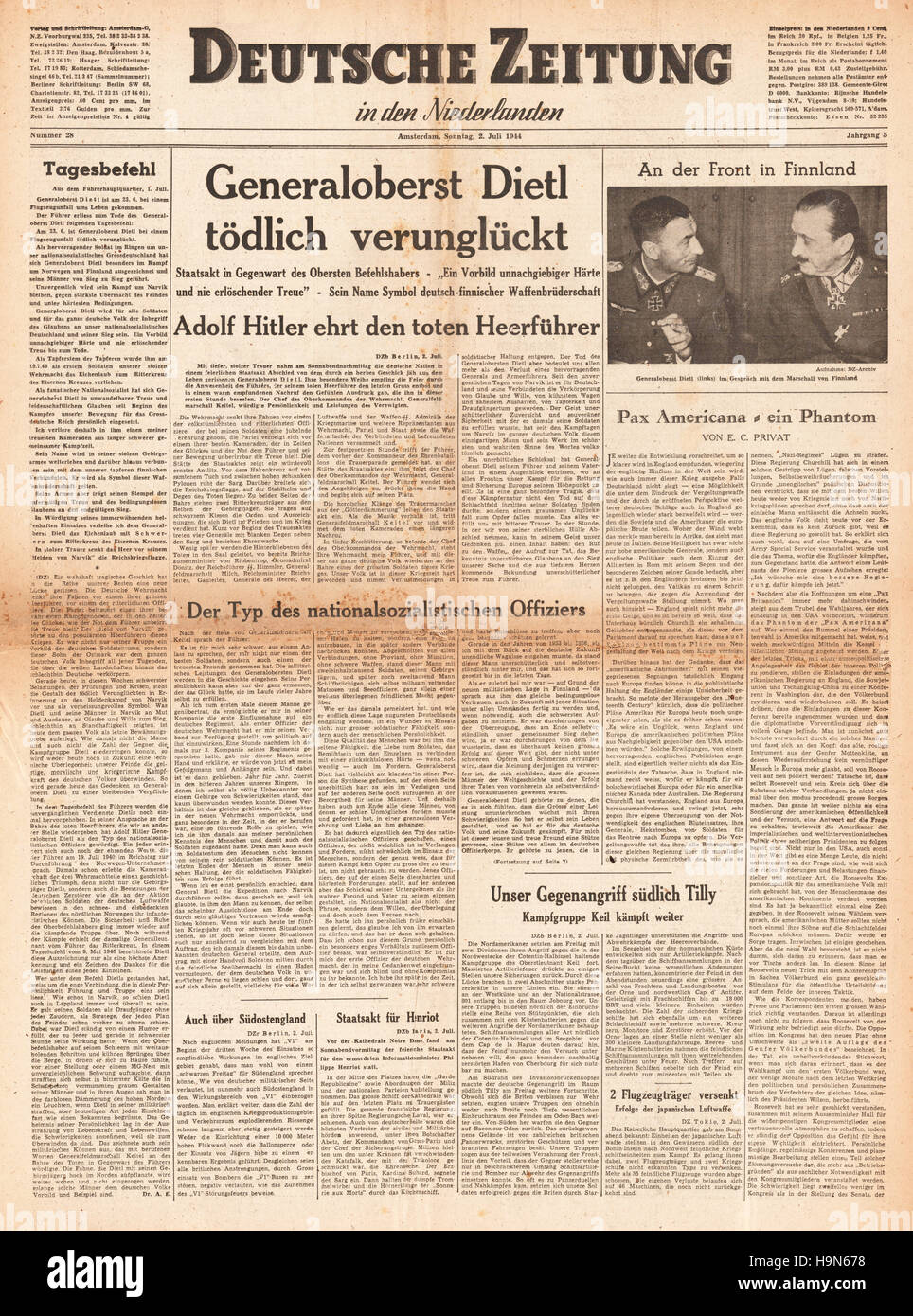 1944 Deutsche Zeitung Front Seite Tod von General Dietl Stockfoto