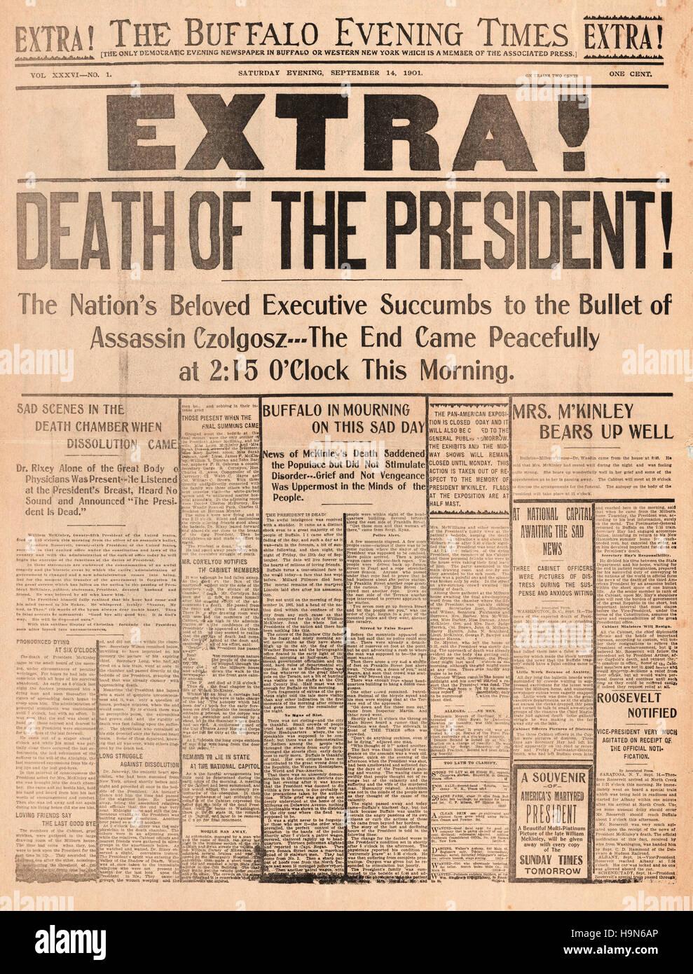 The Buffalo Abend Times (USA) US-Präsident McKinley 1901 ermordet Stockfoto