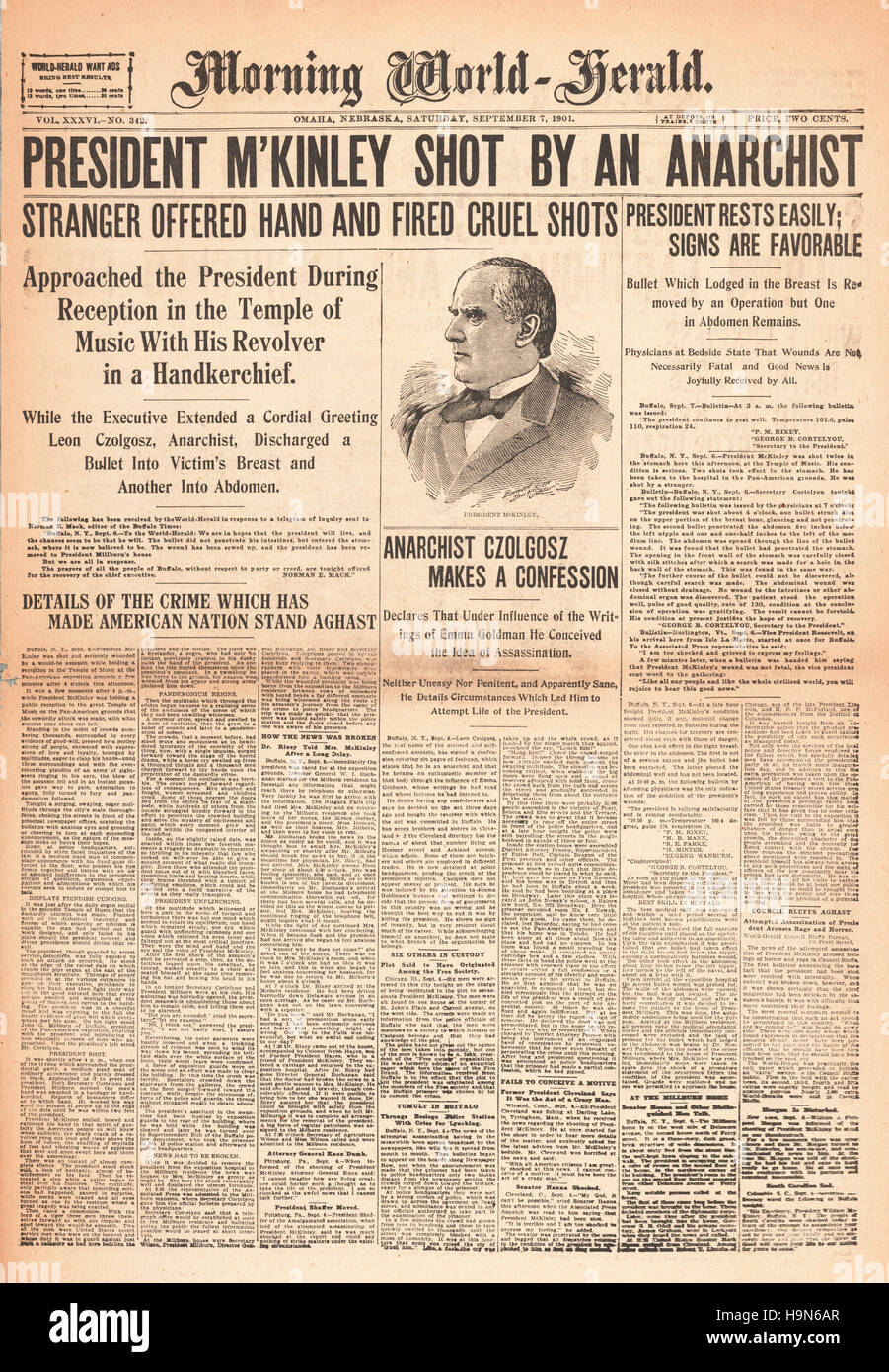 1901 am Morgen Welt-Herald (USA) Titelseite Berichterstattung die Ermordung des USPresident William McKinley ermordet Stockfoto