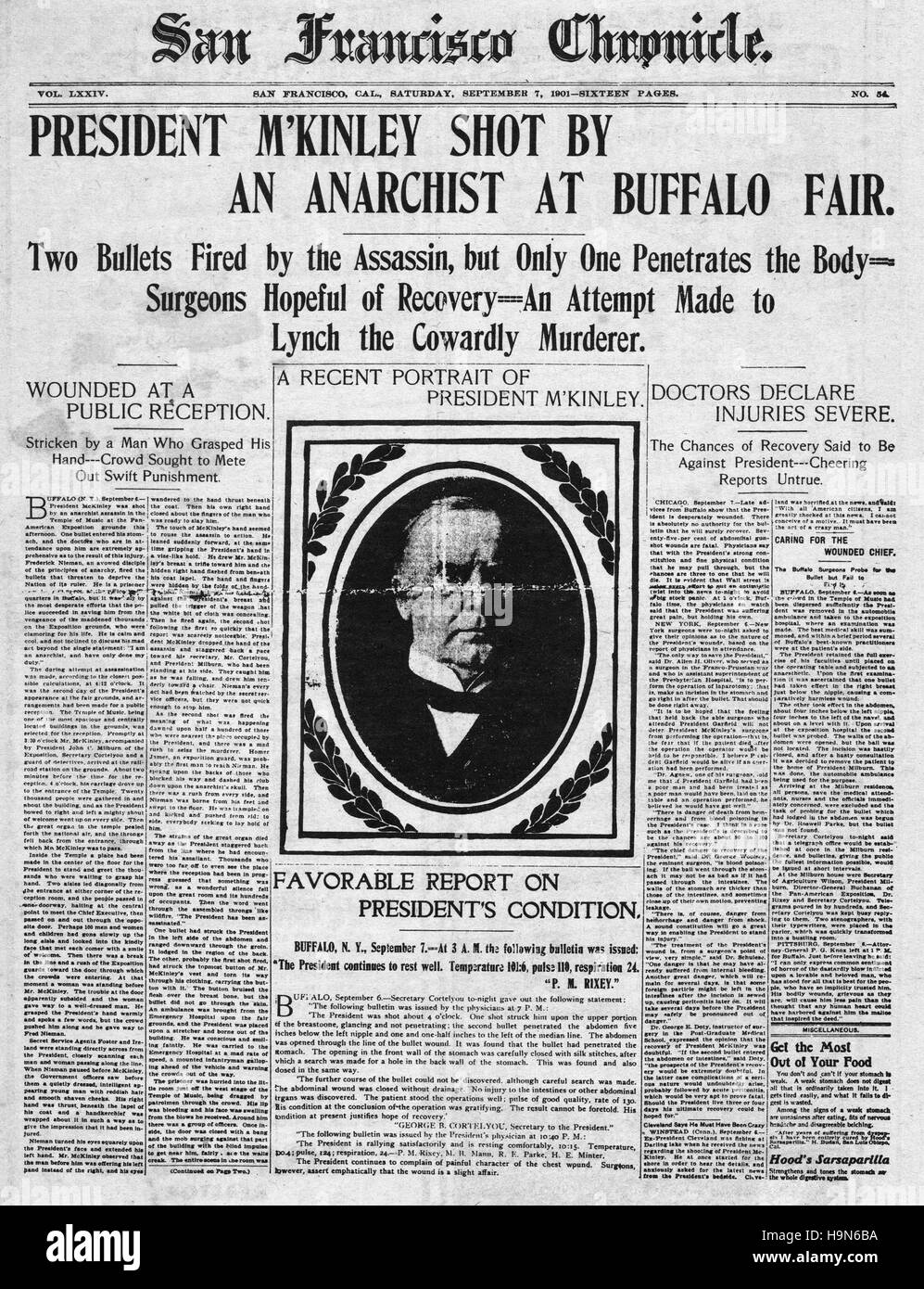 1901 San Francisco Chronicle (USA) Titelseite Berichterstattung die Ermordung des USPresident William McKinley ermordet Stockfoto