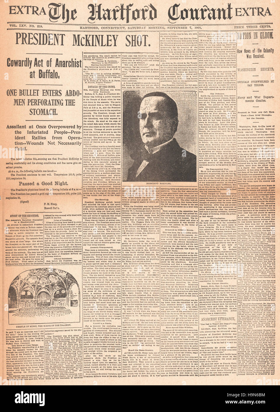 1901 Hartford Courant (USA) Titelseite Ermordung des USPresident William McKinley ermordet Stockfoto