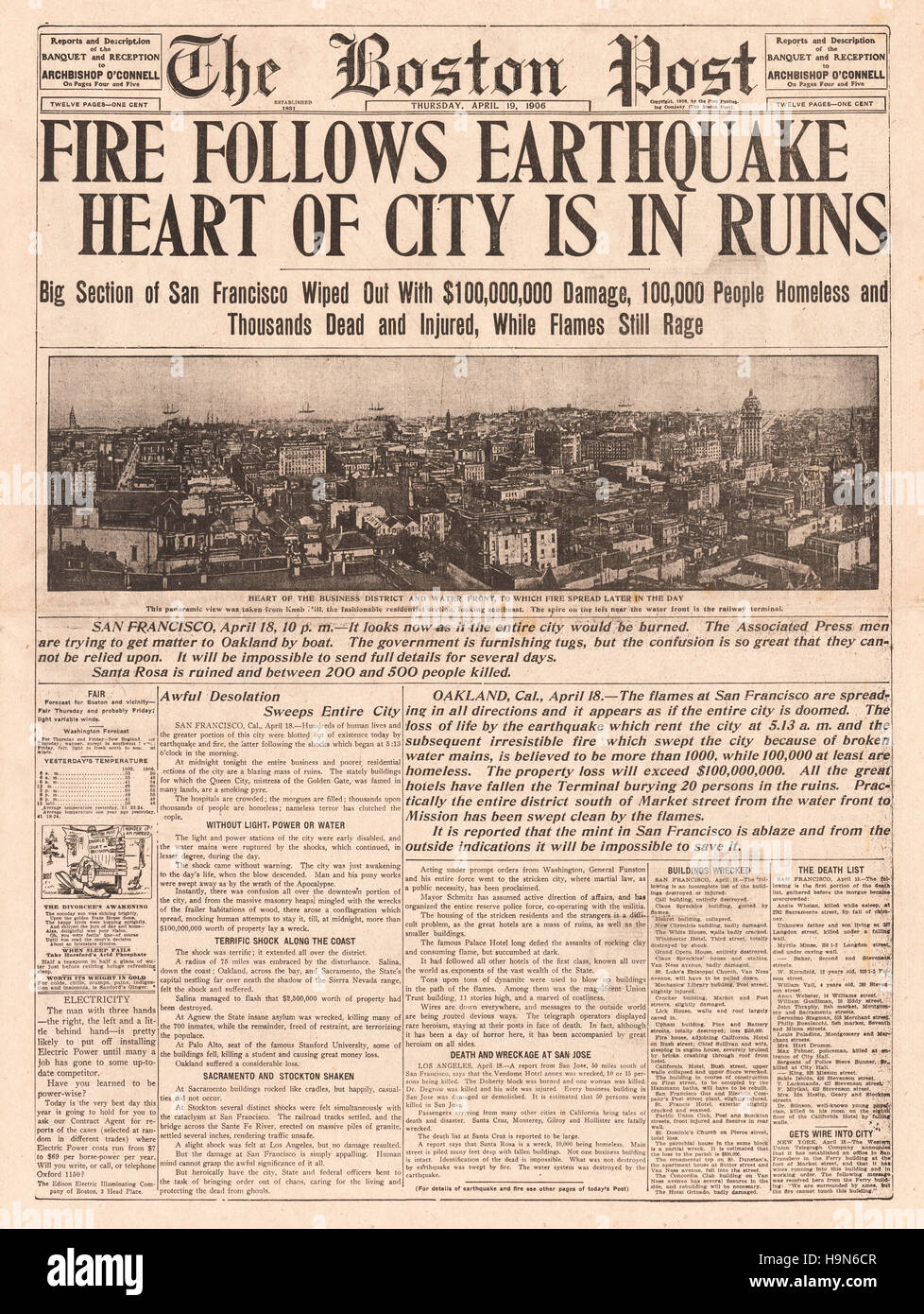 1906 der Boston Post (USA) Titelseite Berichterstattung der San-Francisco-Erdbeben Stockfoto