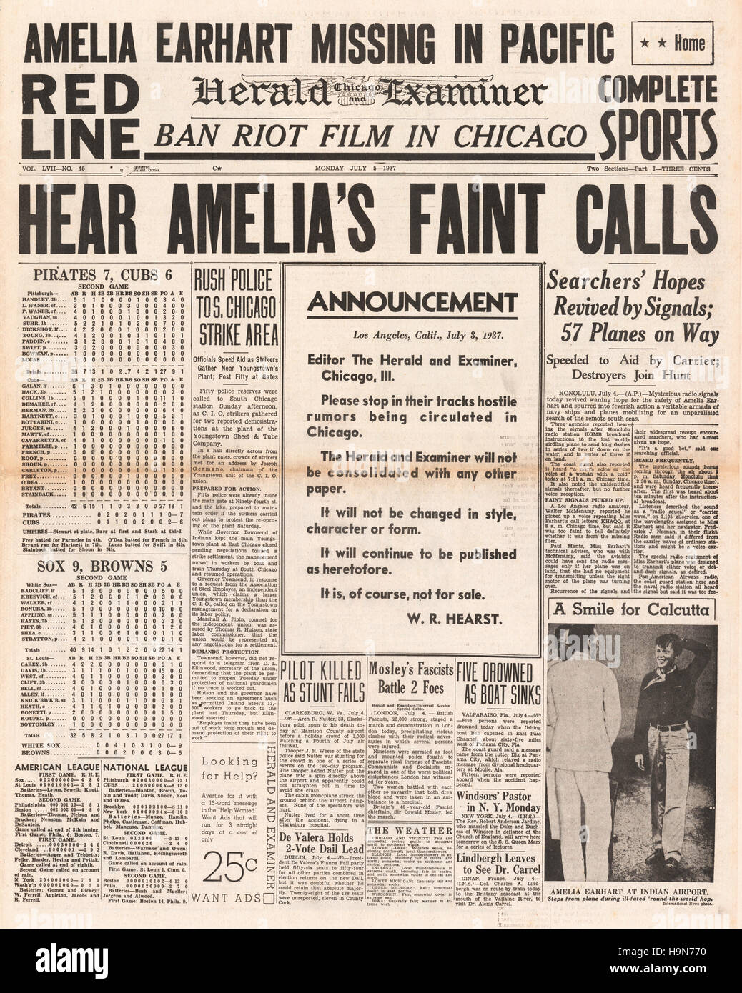 1937 in Chicago Herald Examiner Amelia Earhart fehlt Stockfoto