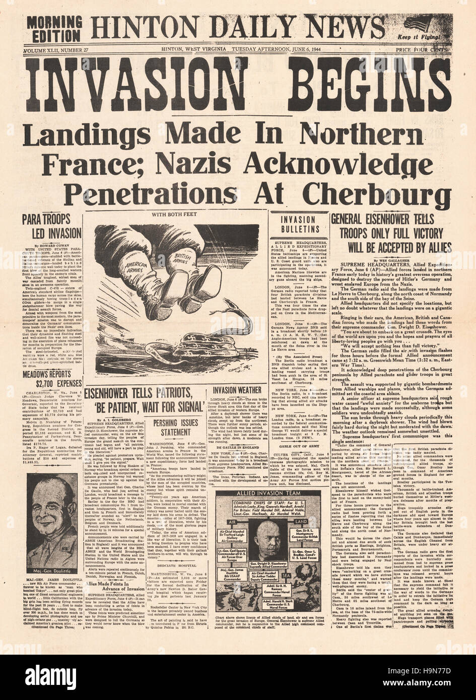 1944 Hinton Daily News (USA) Titelseite Berichterstattung d-Day Landungen der Alliierten in der Normandie Stockfoto