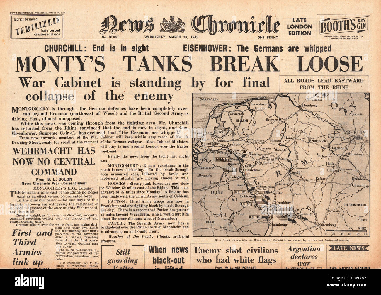 1945 News Chronicle Titelseite alliierte Panzer überqueren den Rhein Stockfoto