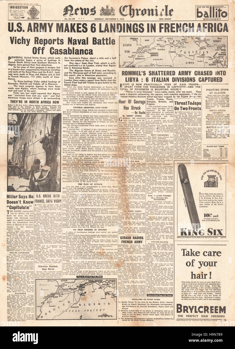 1942 News Chronicle Titelseite landet US-Armee in Französisch-Afrika Stockfoto