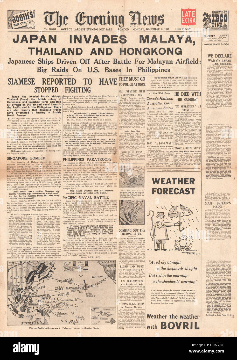 1941-Abend-Nachrichten (London) Titelseite japanische Armee dringt Malaya Stockfoto