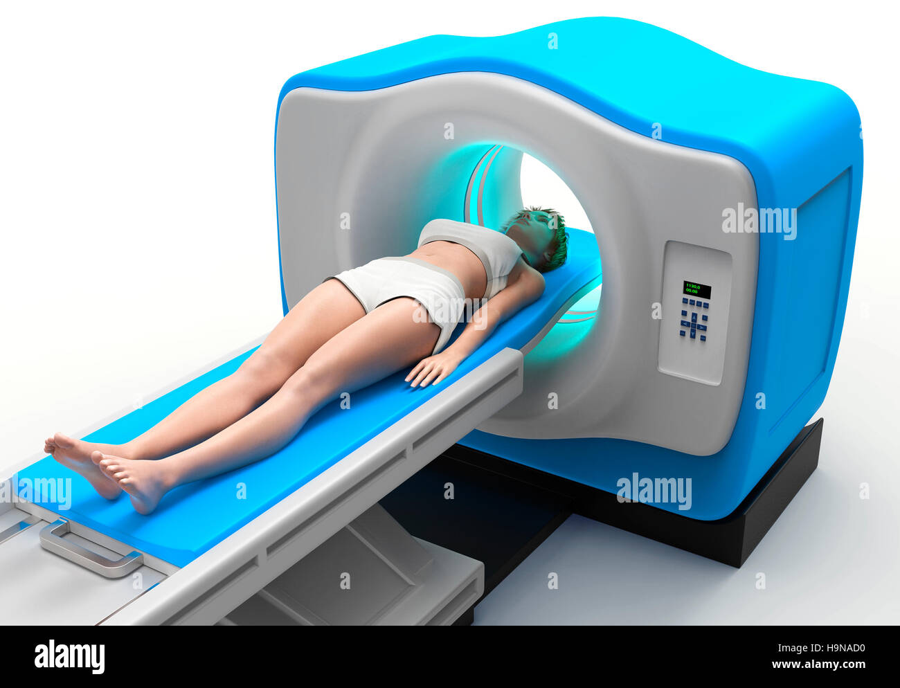 Paitient auf einem Ct-Scanner isoliert auf weiss. Stockfoto