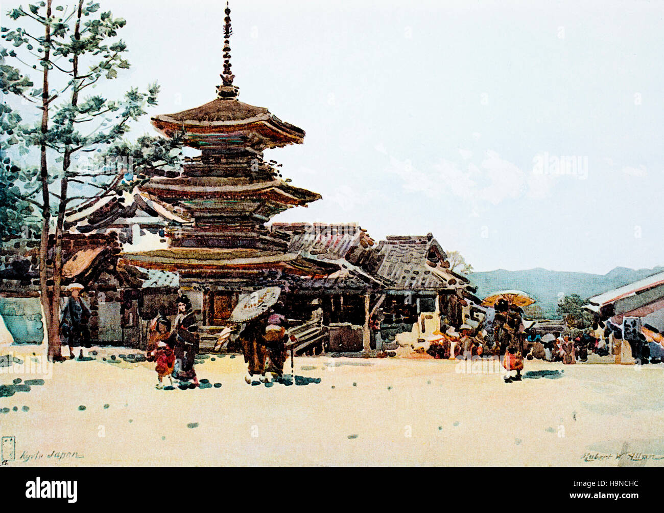 Yasaka Pagode, Kyoto, Japan, Farbe Halbton Wasser Farbe Gemälde von Robert Allan, Illustration von 1909 Studio Magazin Stockfoto