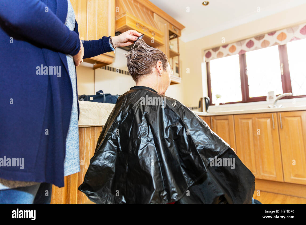 Friseur Friseur Kämmen Farbe im Haar färben Haarfarbe färben Haare mit Kämmen UK England GB Stockfoto