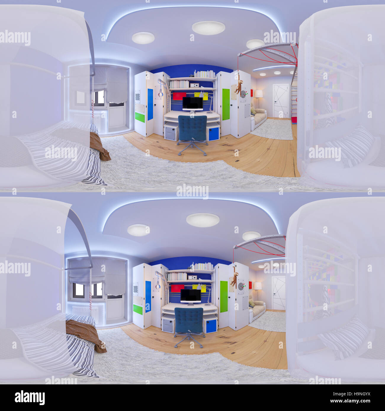 3D Darstellung sphärischer 360 Grad, nahtlosen Panorama Kinder-Zimmer Interior Design. Stereo 360 Bild für virtual Reality Brille. Stockfoto