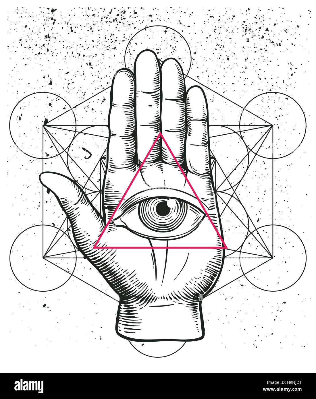 Hipster-Abbildung mit heiliger Geometrie, Hand, und alle sehendes Auge Symbol großzügig Dreieck Pyramide. Auge der Vorsehung. Freimaurer-Symbol. Grunge esoterischen Stock Vektor