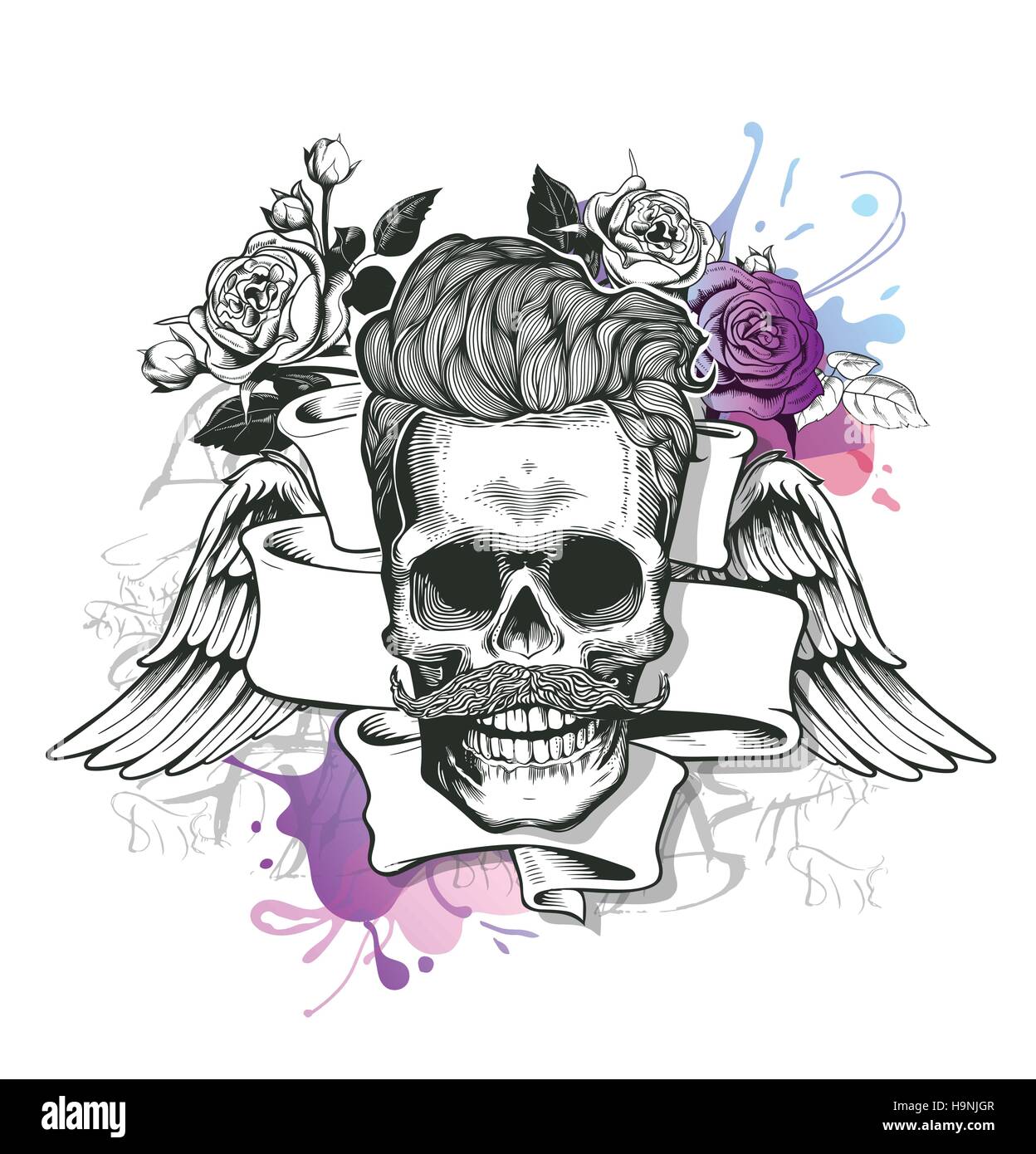 Schädel. Hipster Schädel silhouette mit Schnurrbart und Zähne mit Schleife und Strauß Rosen auf einem Hintergrund entstand. Vektor-Illustration in Vintage engr Stock Vektor