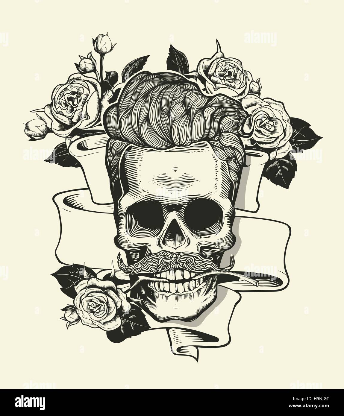 Schadel Hipster Schadel Silhouette Mit Schnurrbart Und Zahne Mit Schleife Und Strauss Rosen Auf Einem Hintergrund Entstand Vektor Illustration In Vintage Engr Stock Vektorgrafik Alamy