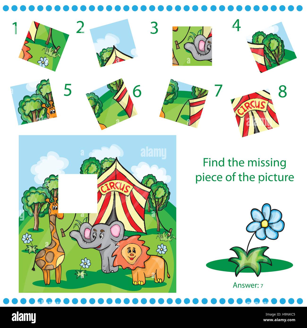 Finden Sie fehlende Stück - Puzzle-Spiel für Kinder mit Tieren und Zirkus Stock Vektor
