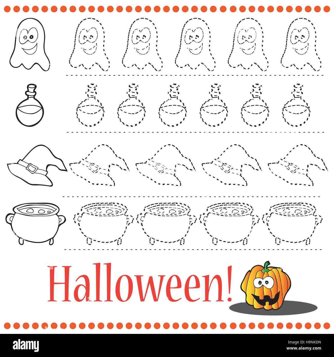 Verbinden Sie die Punkte-Anzahl der Bilder - Übung für Kinder Punkt-zu-Punkt - Halloween Stock Vektor