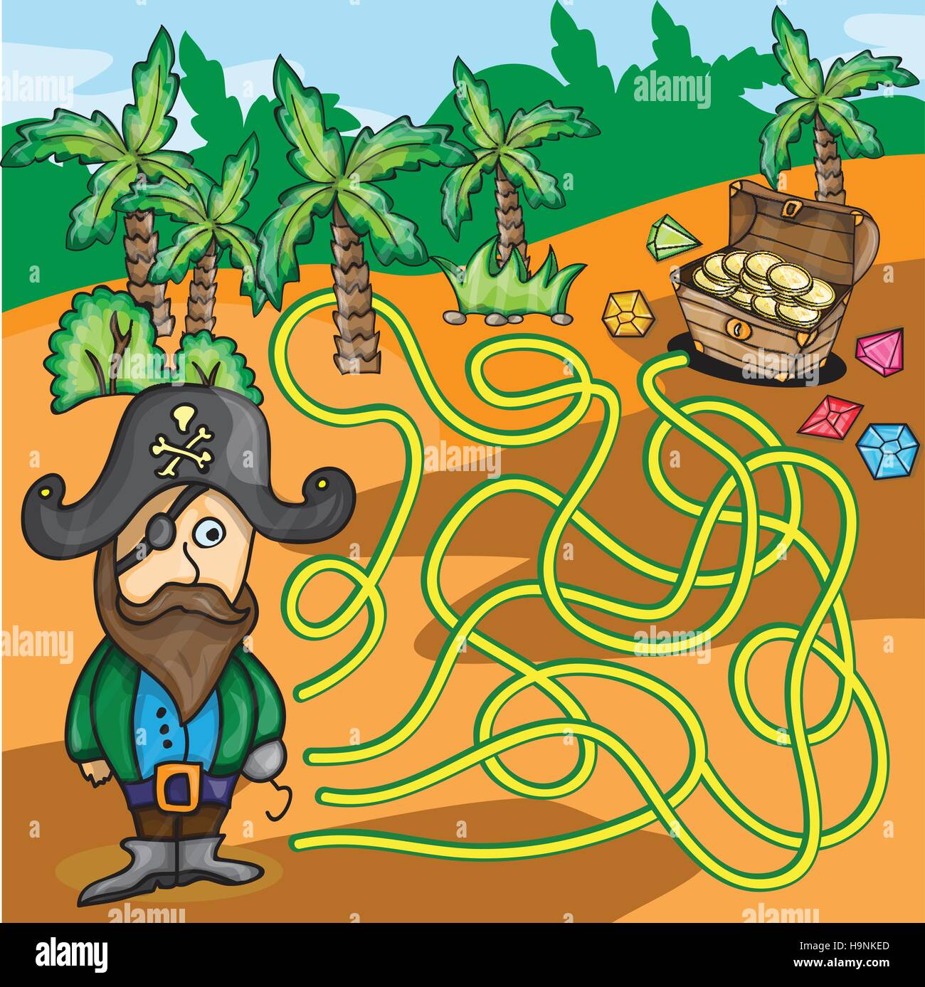 Vektor-Labyrinth-Spiel - lustige Piraten versuchen, finden Schatz-Kasten in der Wüste Stock Vektor
