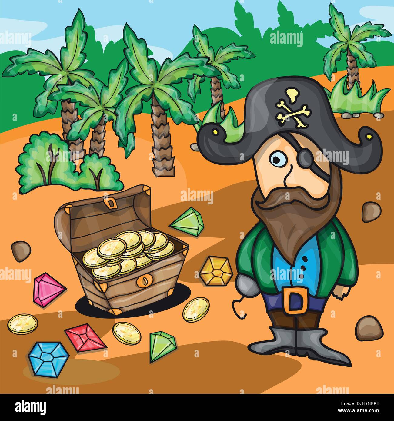 Lustige Cartoon Pirat mit Schatz-Vektor-illustration Stock Vektor