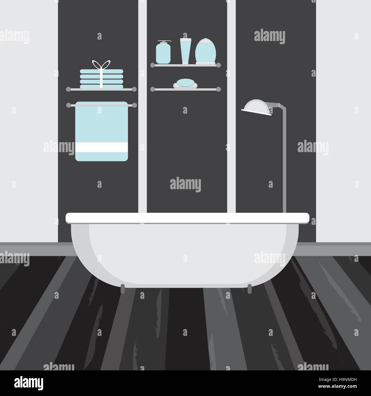 Modernes Badezimmer Interieur in dunkler Farbe. Flache Vektor-illustration Stock Vektor