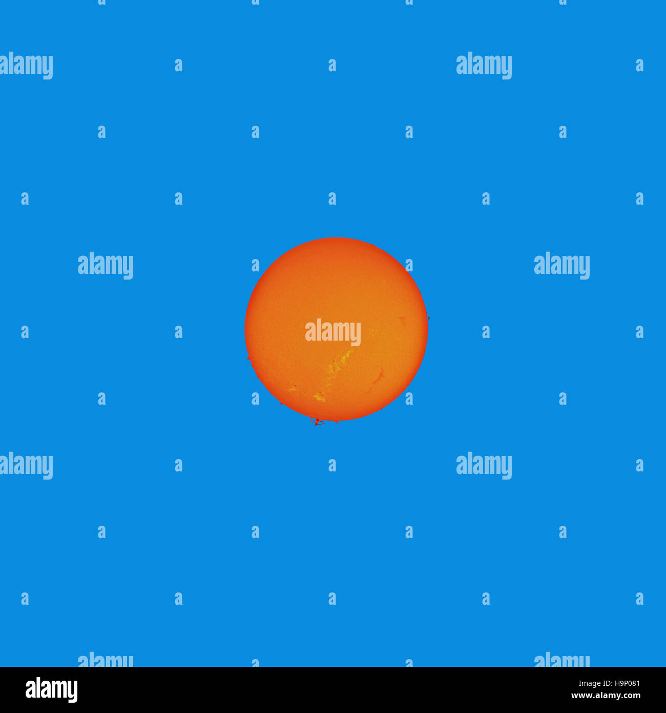 Die Sonne in H-alpha Linie vor blauem Hintergrund Stockfoto