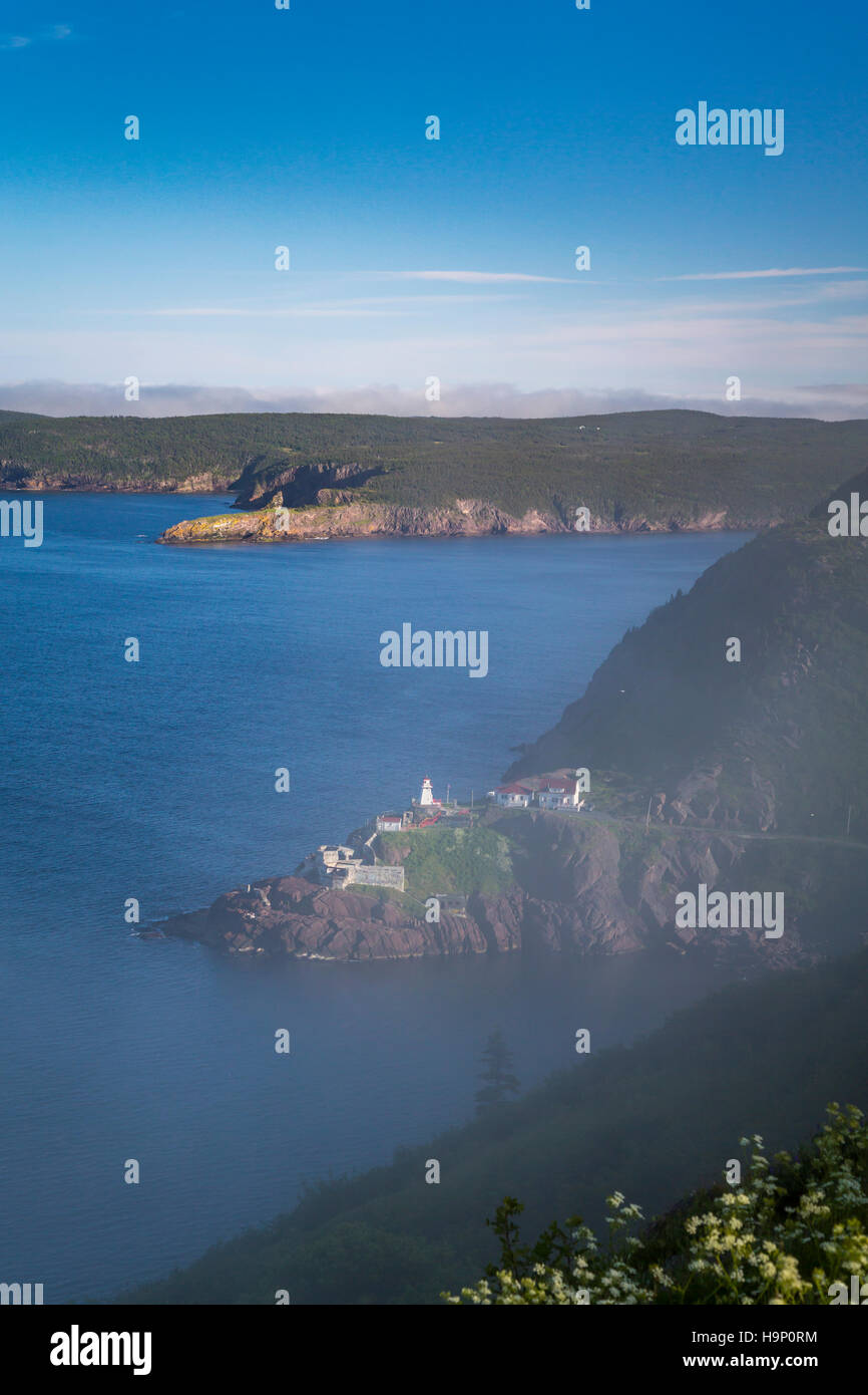 Die zerklüftete Küste und Fort Amherst vom Signal Hill, St. Johns Neufundland und Labrador, Kanada. Stockfoto