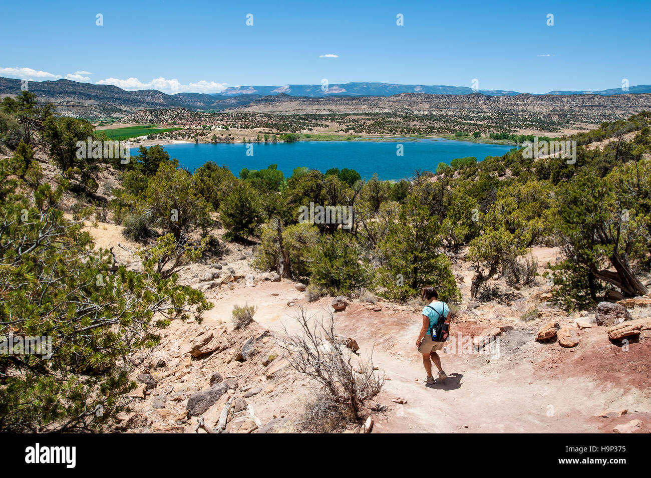 Wandern Wanderer in Escalante Petrified Forest State Park, Utah, USA zu erkunden. (MR) Stockfoto