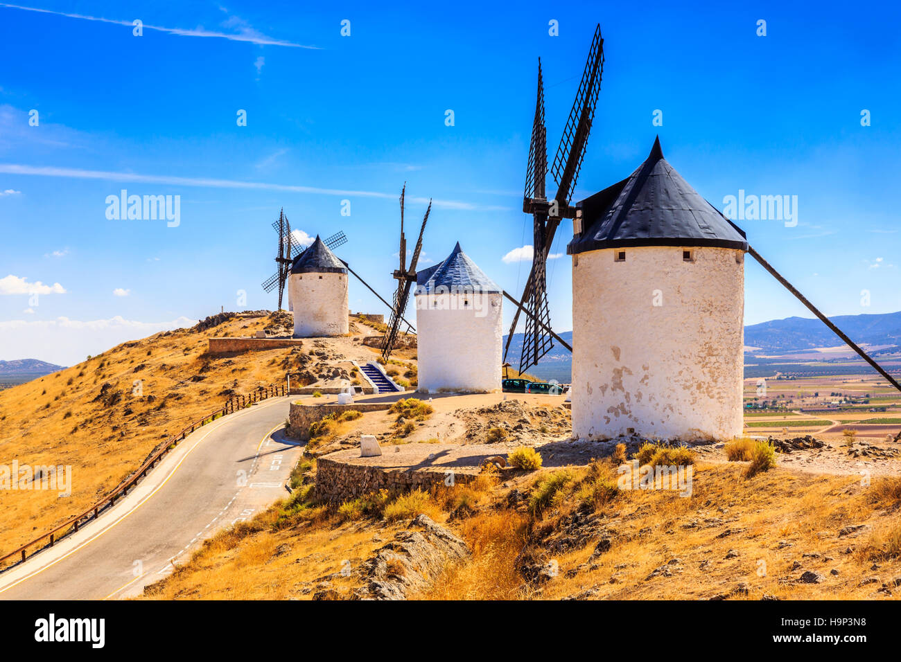 Consuegra, Spanien. Windmühlen von Don Quijote in der Provinz Toledo. Stockfoto