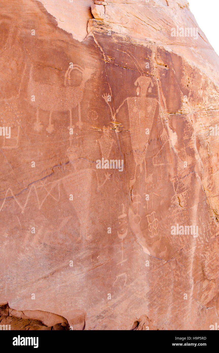 Alten Fremont Menschen Petroglyphen, Dinosaur National Monument, Dinosaurier, Utah, USA. Stockfoto