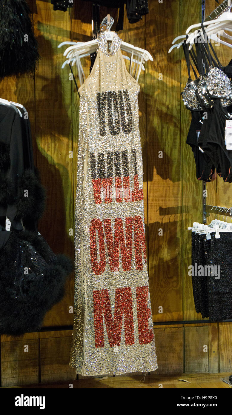 Eine Schaufensterpuppe in einem Kleid mit einer umstrittenen Botschaft in Kiki Riki laden am Broadway in Greenwich Village, New York City. Stockfoto