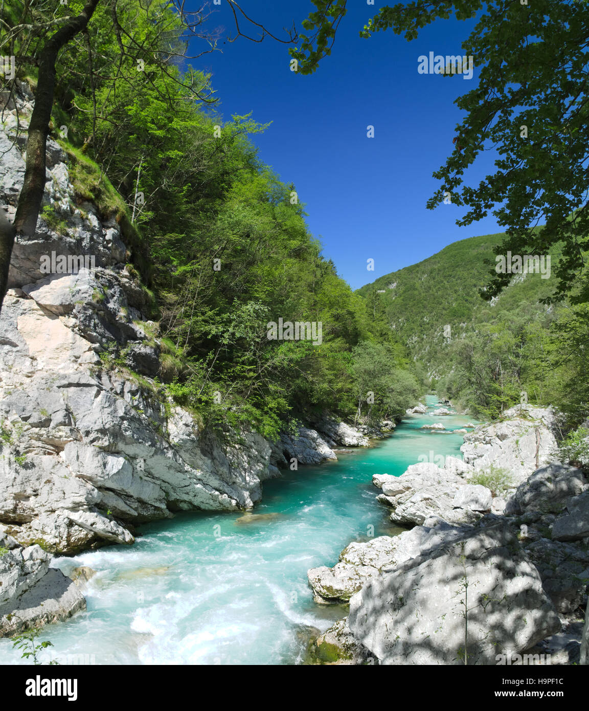 Blick auf den Fluss Soca (Isonzo) in der Nähe von Bovec, Slowenien Stockfoto