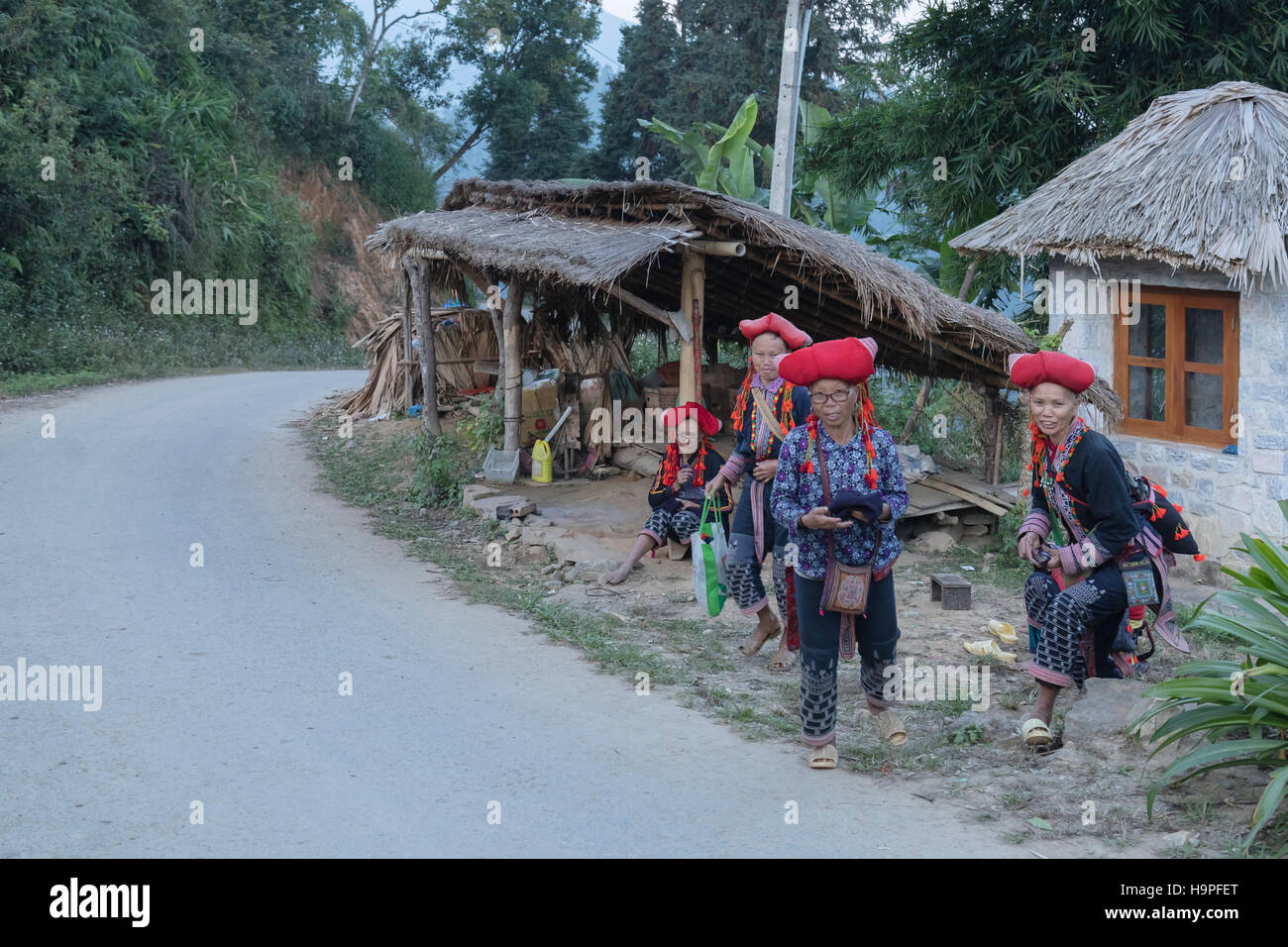 ethnische Red Dao-Frauen in der Stammes-Dorf in der Nähe von Sapa, Vietnam, Asien Stockfoto