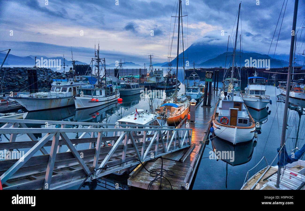 Sayward Hafen, Johnstone Strait, Broughton Archipel, Vancouver Island, British Columbia, Kanada Stockfoto