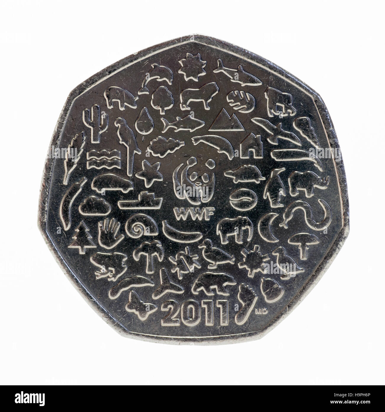 Britische 50 Pence Münze, WWF-Design 2011 Stockfoto