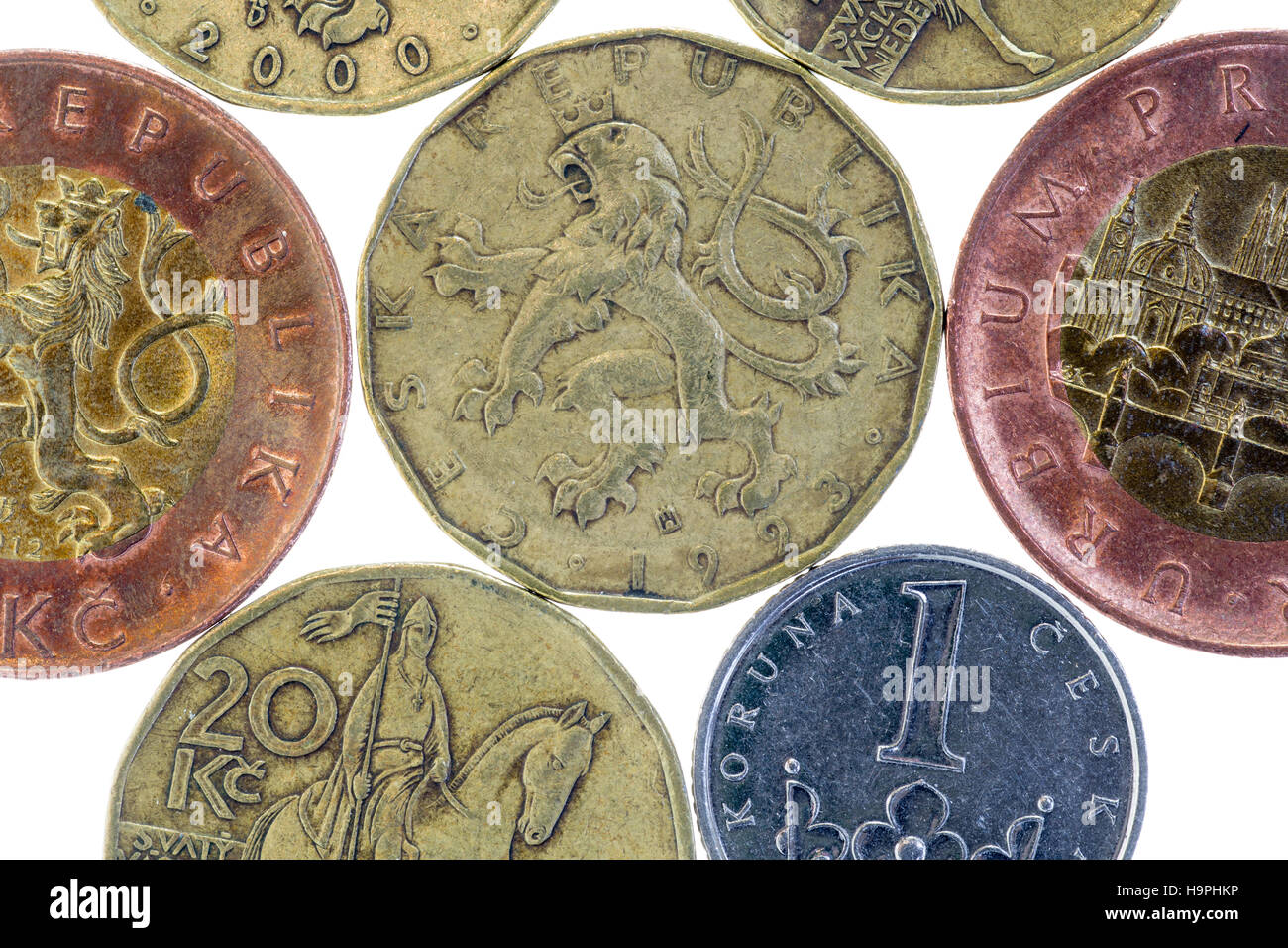 50, 20 und 1 Tschechische Krone-Münzen, Währung der Tschechischen Republik Stockfoto