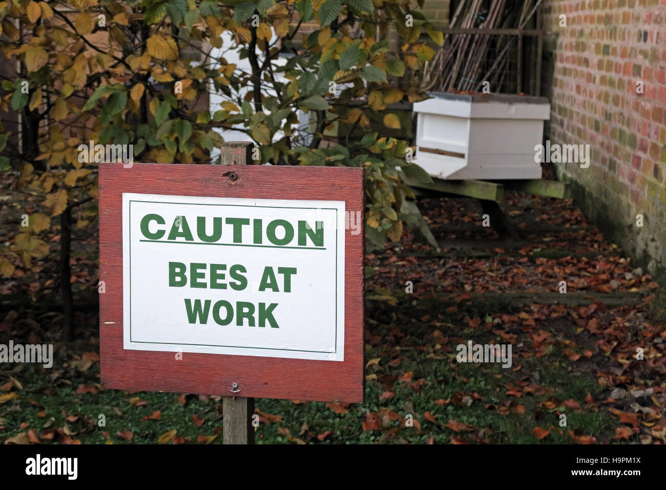 Vorsicht, Bienen am Werk-Schild in der Nähe von Hive, Herbst Stockfoto