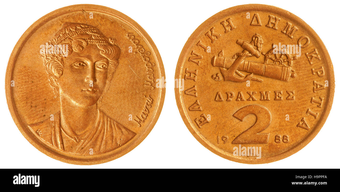 Kupfer 2 Drachmes 1988 Münze isolierten auf weißen Hintergrund, Griechenland Stockfoto