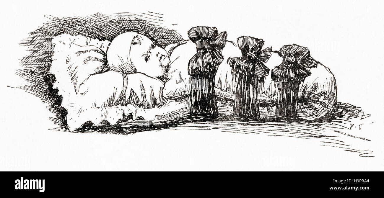 Die deutsche Methode der Windeln eines Babys im 19. Jahrhundert.  Aus dem Strand Magazine, Vol I Januar bis Juni 1891. Stockfoto