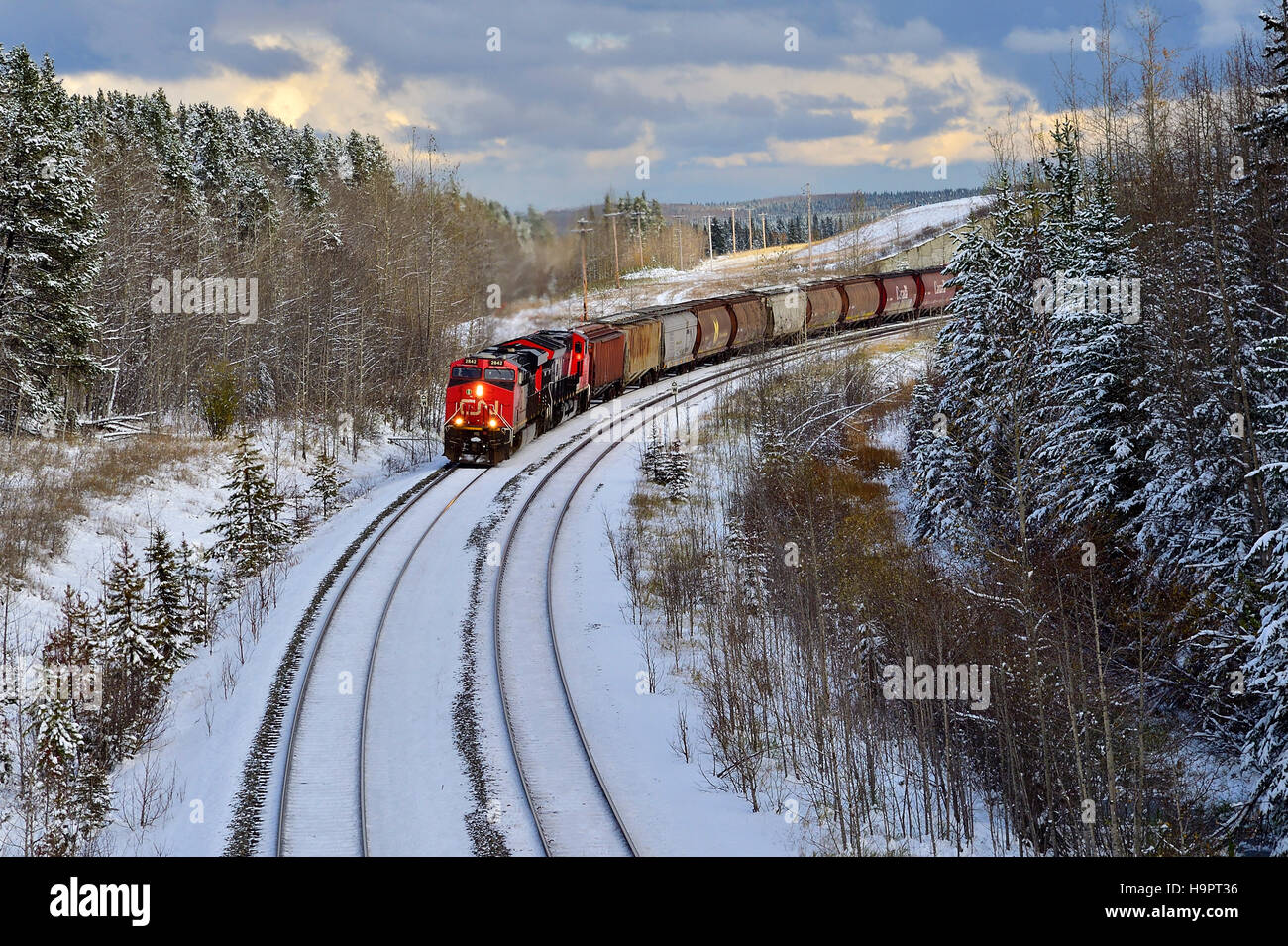 Ein Canadian National Güterzug unterwegs eine Kurve Stockfoto