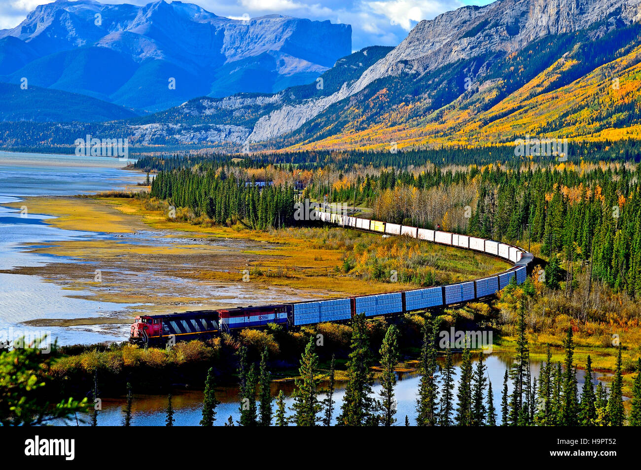 Ein Güterzug der Canadian National Railway Reisen durch die Rocky mountains Stockfoto