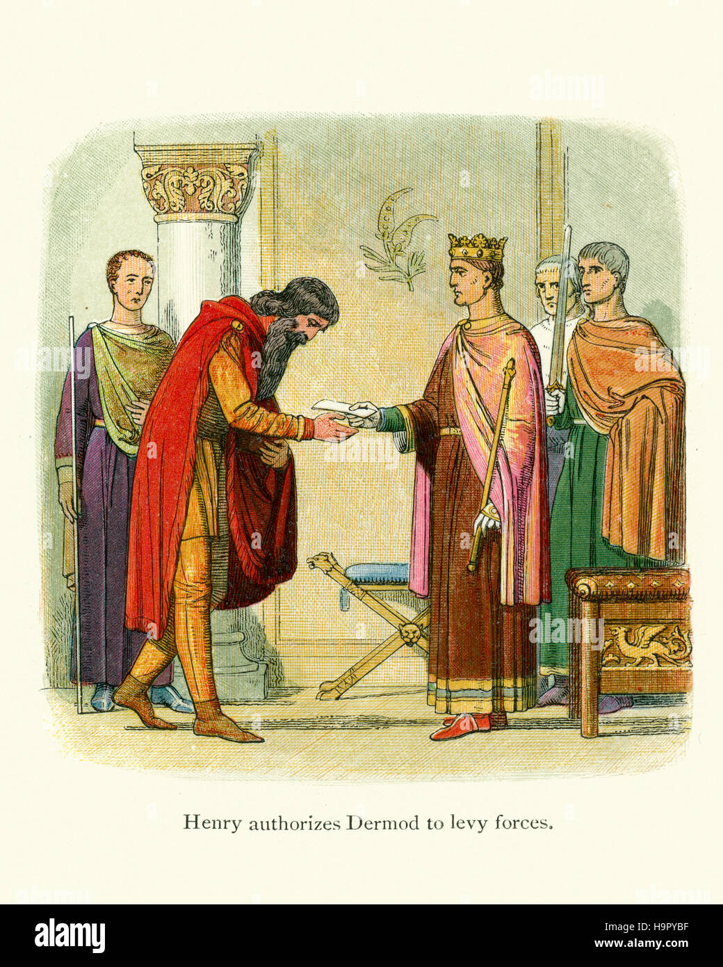 König Henry II Autorisieren von Dermot MacMurrough Kräfte zu erheben. Dermot MacMurrough war König von Leinster in Irland. Als König von Leinster verdrängt in 1166, Stockfoto
