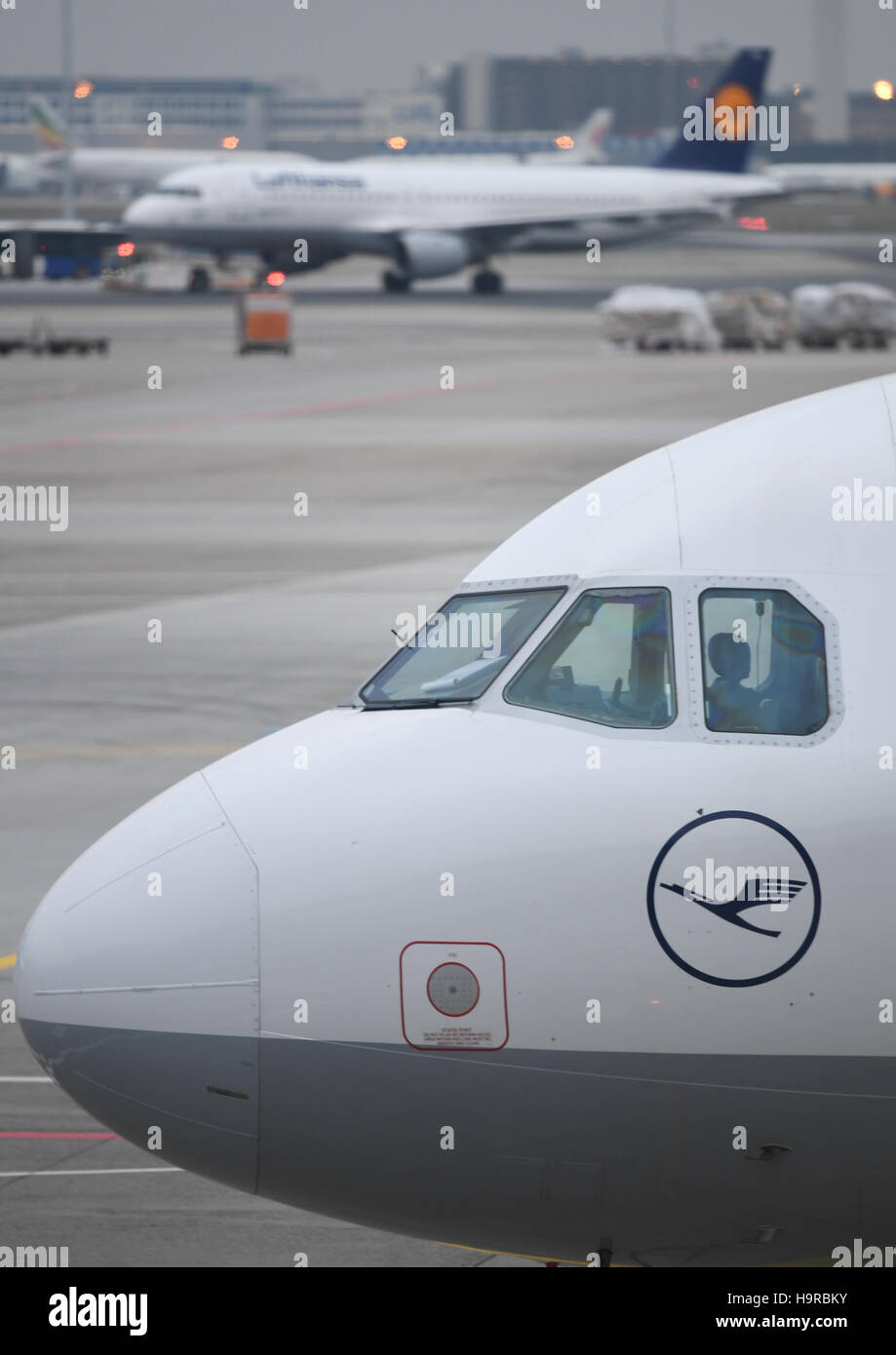 Frankfurt am Main, Deutschland. 25. November 2016. Ein Airbus der Lufthansa am Flughafen in Frankfurt/Main, Deutschland, 25. November 2016 zu sehen. Die Piloten der Lufthansa weiter ihren Streik am Freitag. Wieder wurden Hunderte von Linienflügen in Deutschland eingezogen. Die Piloten treffen zum 14. Mal während der laufenden Tarif-Streit zwischen der pilot Union "Vereinigung Cockpit (VC)" und der Lufthansa. Foto: Arne Dedert/Dpa/Alamy Live-Nachrichten Stockfoto