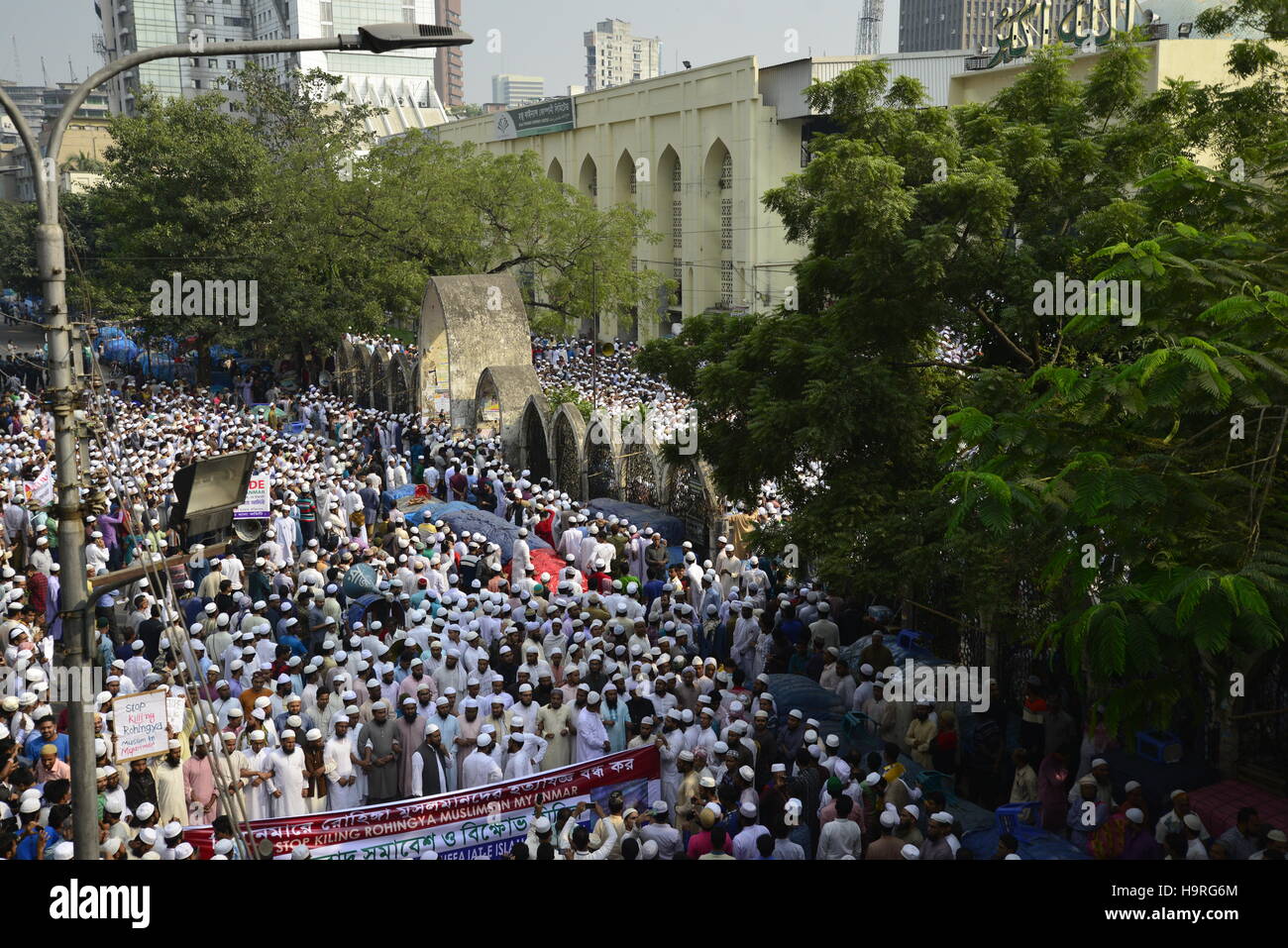 Dhaka, Bangladesch. 25. November 2016. Bangladesch-Aktivisten von mehreren islamischen Gruppen rufen Parolen während einer Protestkundgebung gegen die Verfolgung der Rohingya-Muslime in Myanmar nach dem Freitagsgebet in Dhaka, Bangladesch, am 25. November 2016. Singen "Stop killing Rohingya-Muslime", marschierten sie in Dhaka unter strengen Sicherheitsvorkehrungen Freitag, als die Gewalt im Rakhine-Staat von Myanmar eskalierte, Tausende zum Verlassen ihrer Heimat gezwungen. Bildnachweis: Mamunur Rashid/Alamy Live-Nachrichten Stockfoto