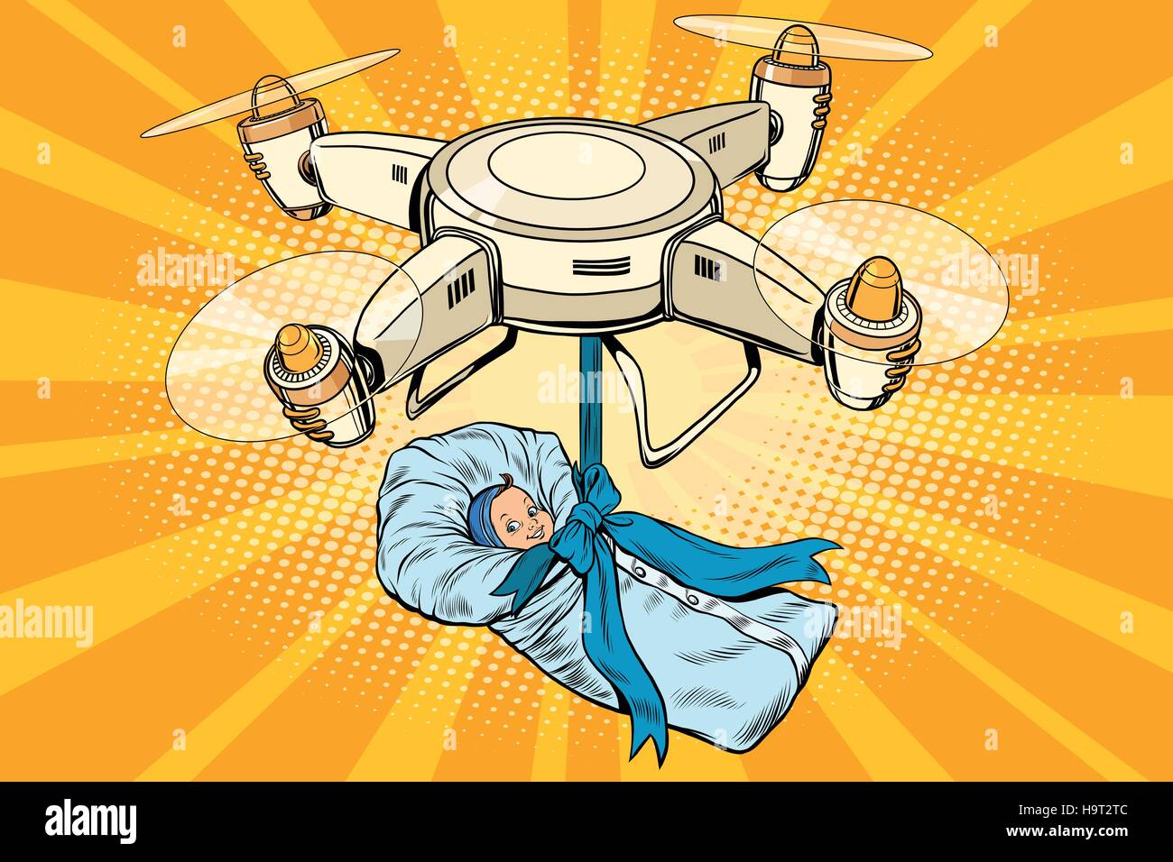Drone Quadcopter Lieferung eines Neugeborenen, Pop-Art-Retro-Vektor-Illustration. Das Konzept der künstlichen Befruchtung, Schwangerschaft, Geburt und Geburtstag Stock Vektor