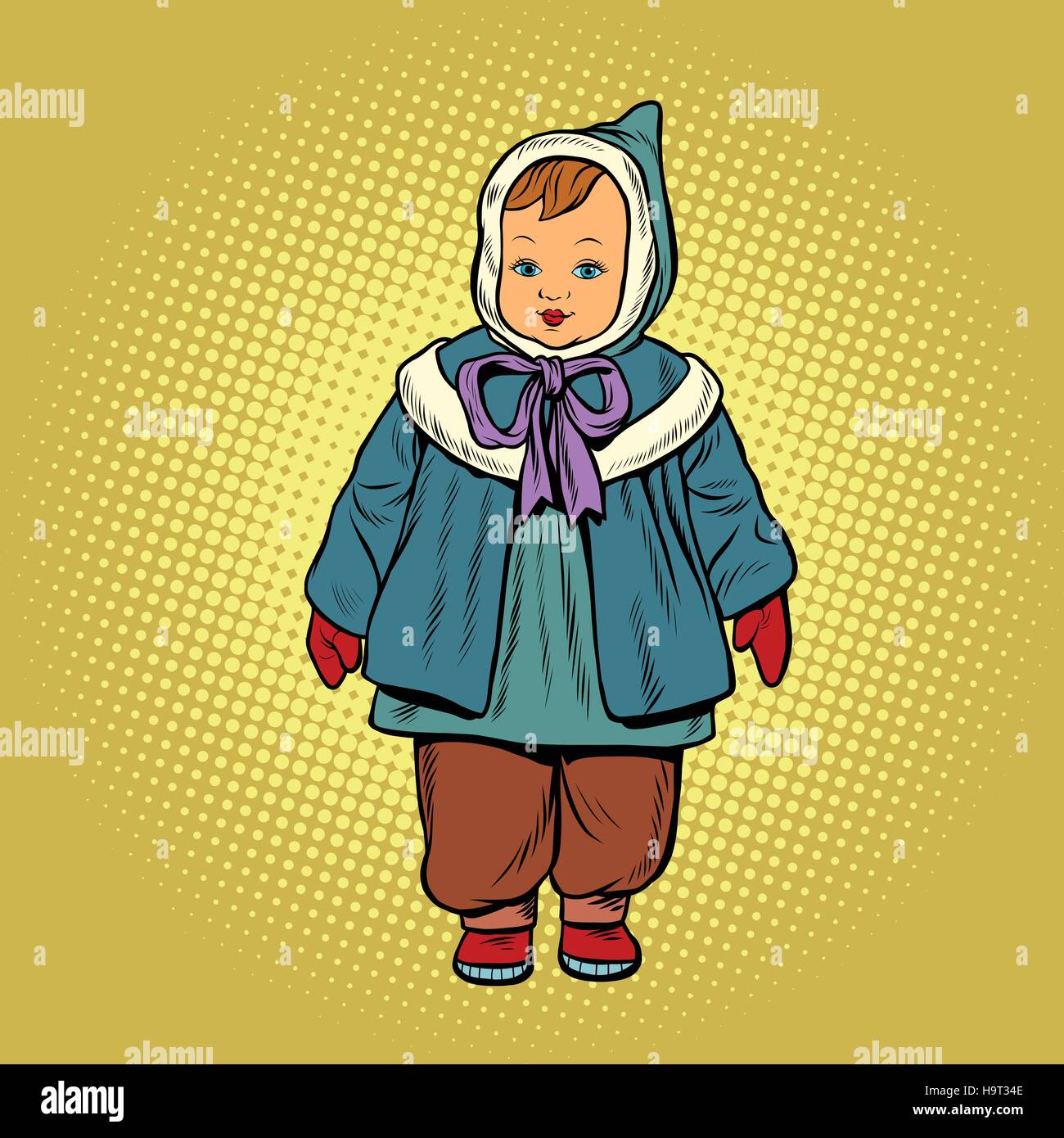 Kleinkind Retro Kleidung Puppe, Pop-Art-Vektor-Illustration. Kindheit und Mode Stock Vektor